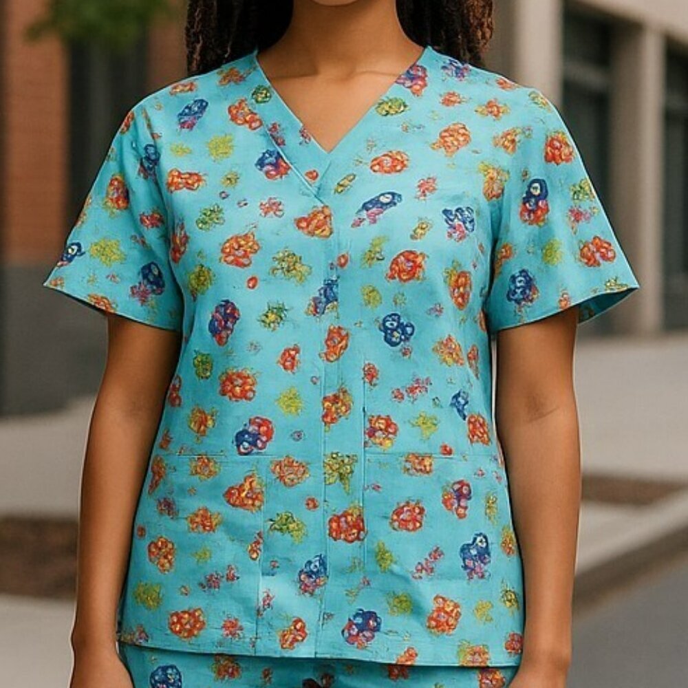 Laby Bug Ladybug Clover Scrub Top Cottonality Womens Medium Light Blue Shirt M